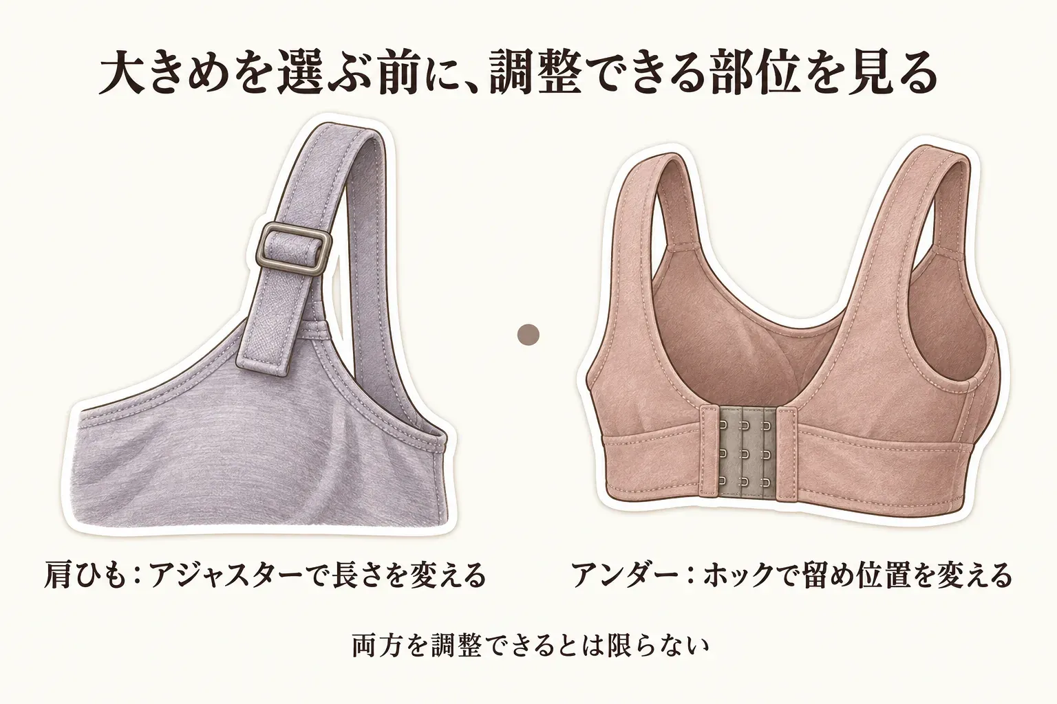 大きめを選ぶ前に確認する調整部位を示す図。肩ひもはアジャスターで長さを変え、アンダーはホックで留め位置を変えられるが、両方を調整できるとは限らないことを説明している。