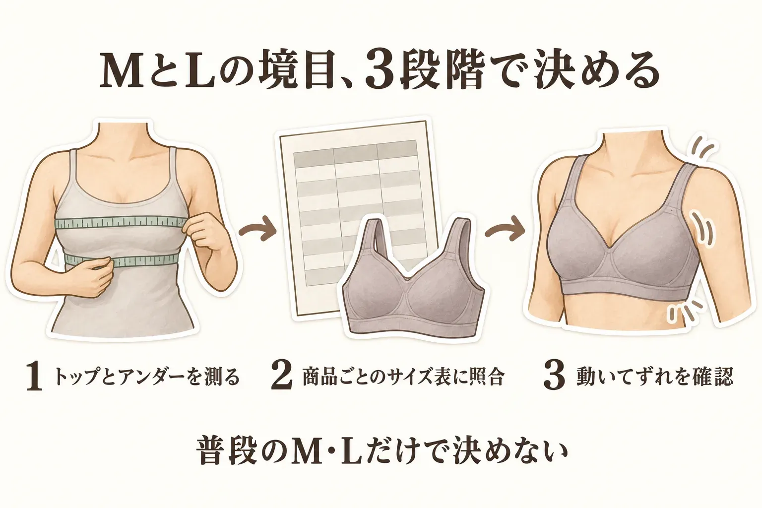 MとLの境目でサイズを決める3段階を示す図。トップとアンダーを測り、商品ごとのサイズ表に照合し、着用後に動いてずれを確認する流れと、普段のM・Lだけで決めないことを説明している。