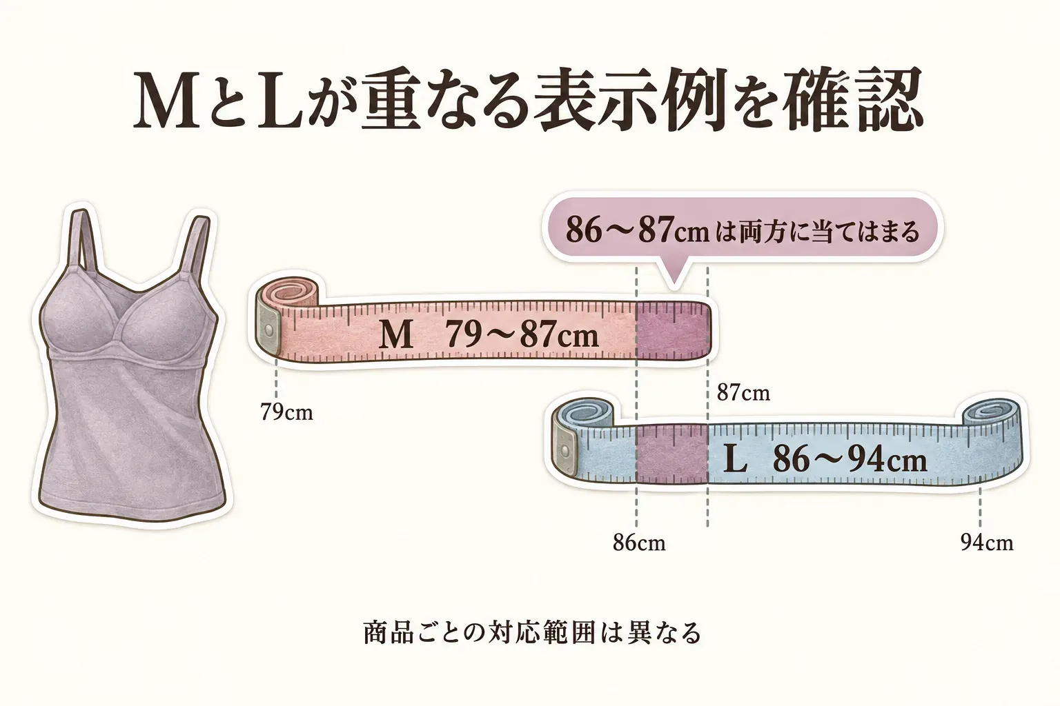 MとLの対応範囲が重なるサイズ表の例。Mは79〜87cm、Lは86〜94cmで、86〜87cmは両方に当てはまり、商品ごとの対応範囲が異なることを示している。