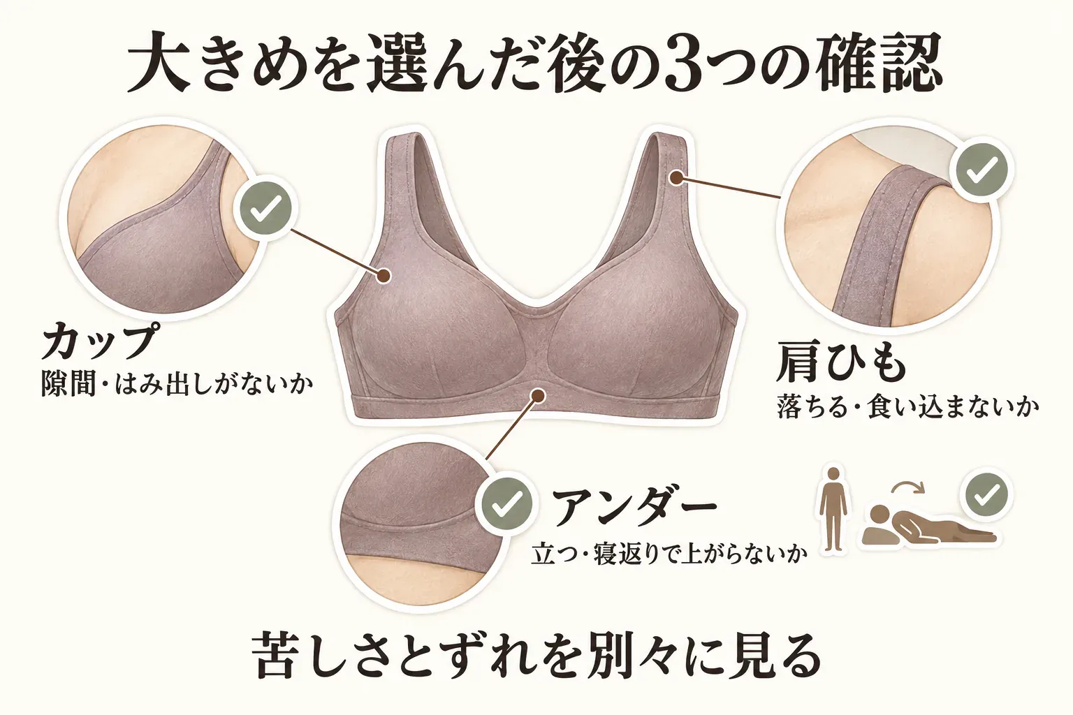 大きめを選んだ後の3つの確認点を示す図。カップに隙間やはみ出しがないか、肩ひもが落ちたり食い込んだりしないか、立った状態や寝返りでアンダーが上がらないかを確認する内容。