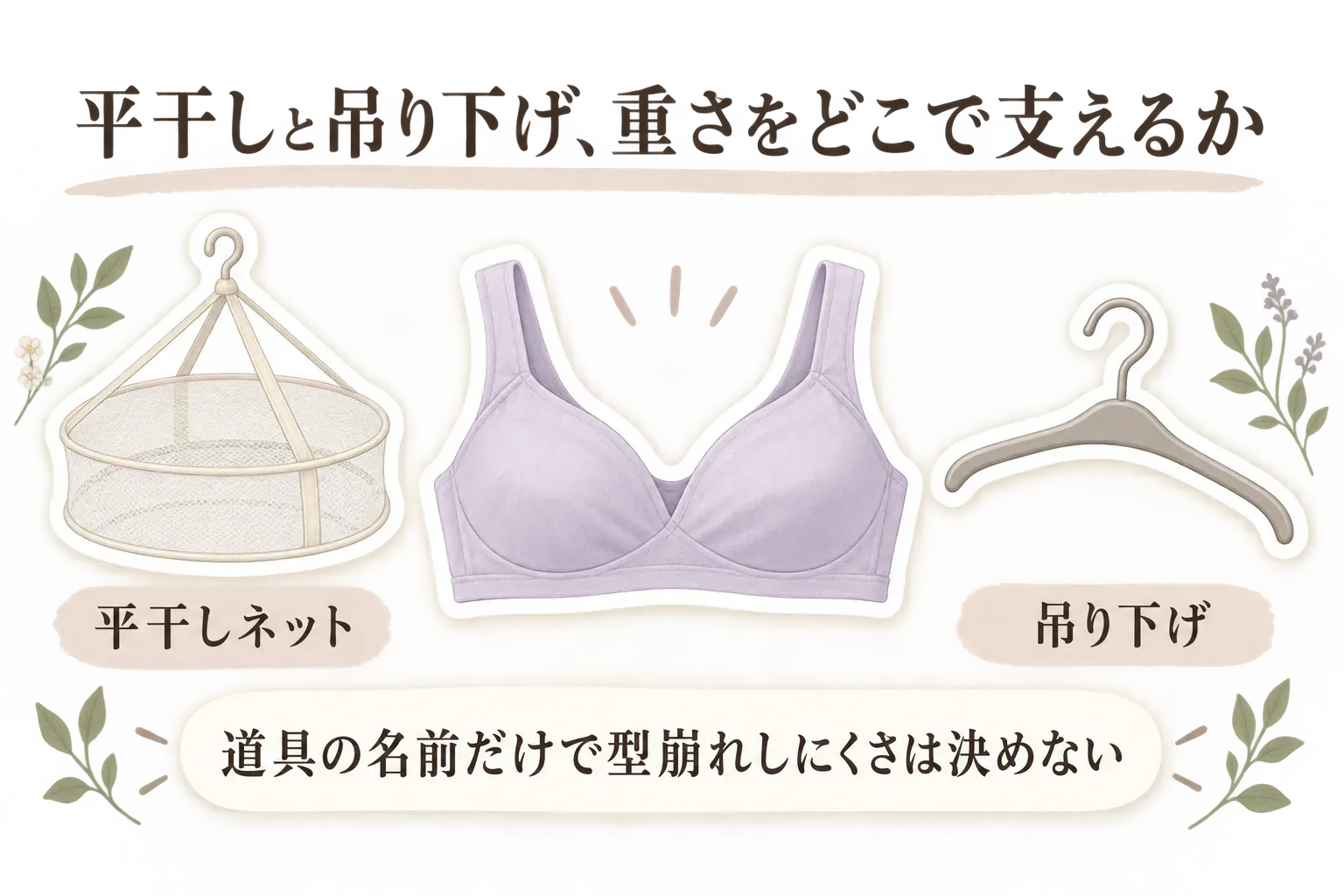 平干しネット、ノンワイヤーブラ、吊り下げハンガーを並べ、道具の名前だけで型崩れしにくさは決めないことを示す図。