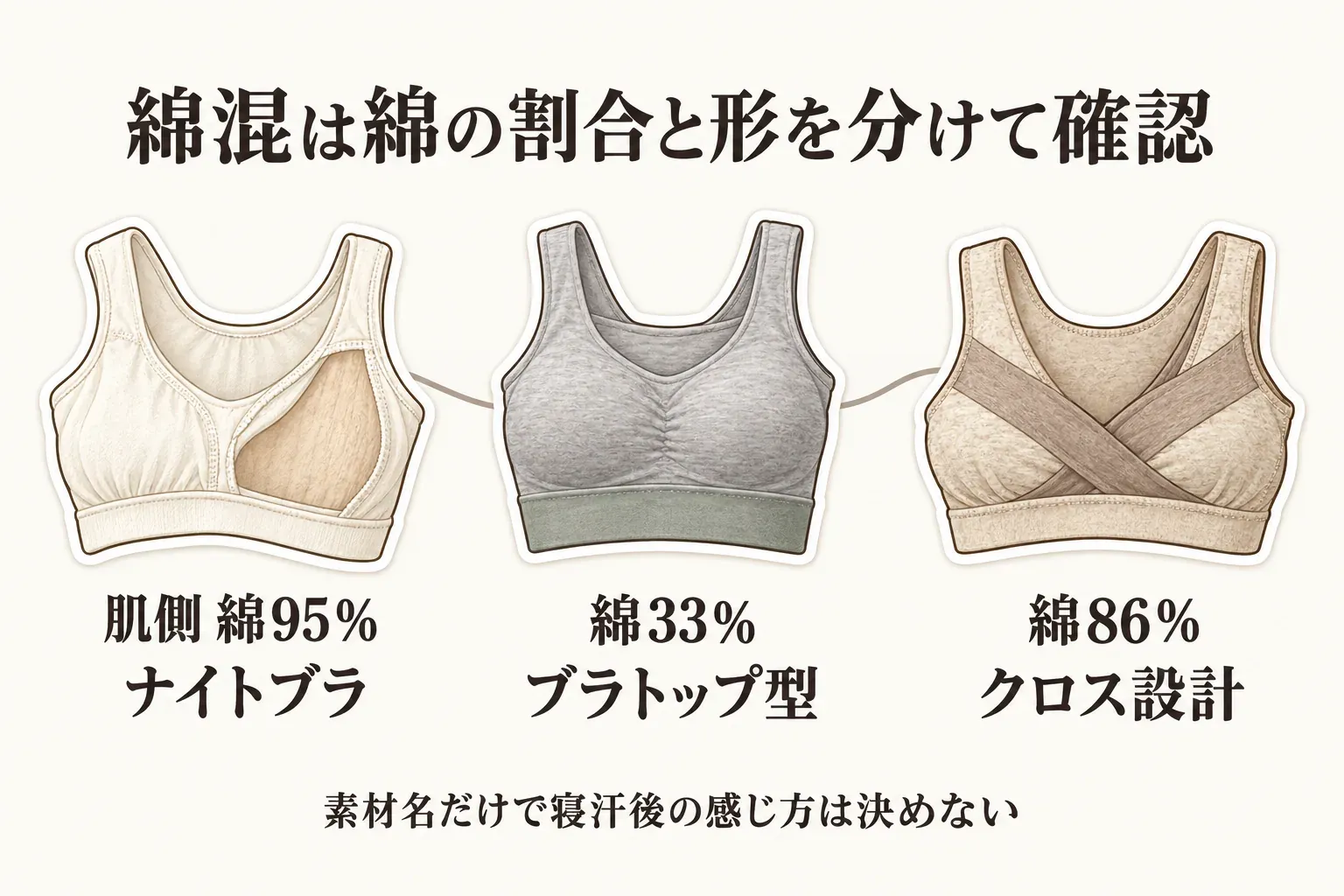 綿混ナイトブラの綿の割合と形を比較する図。肌側が綿95％のナイトブラ、綿33％のブラトップ型、綿86％でクロス設計のナイトブラを示し、素材名だけで寝汗後の感じ方は決まらないことを案内している。