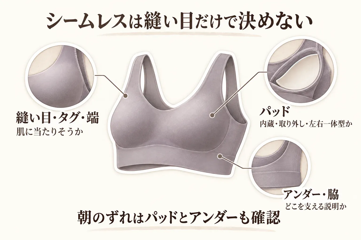 シームレスナイトブラで確認する構造を示す図。縫い目・タグ・端が肌に当たりそうか、パッドが内蔵・取り外し・左右一体型のどれか、アンダーと脇がどこを支える説明かを確認し、朝のずれはパッドとアンダーも見ることを案内している。