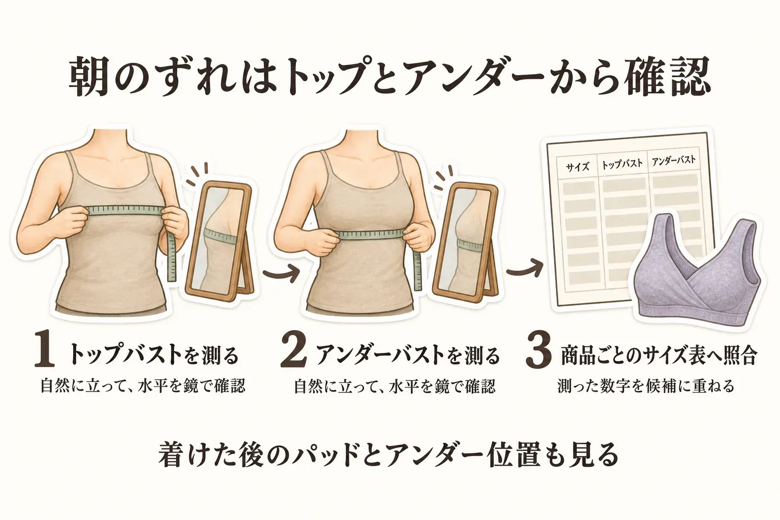 朝のずれを確認するための採寸と照合の手順を示す図。自然に立って鏡でメジャーの水平を確認しながらトップバスト、アンダーバストの順に測り、商品ごとのサイズ表に照合して、着用後のパッドとアンダー位置も確認する内容。出典：ワコール公式「バストの測り方」。
