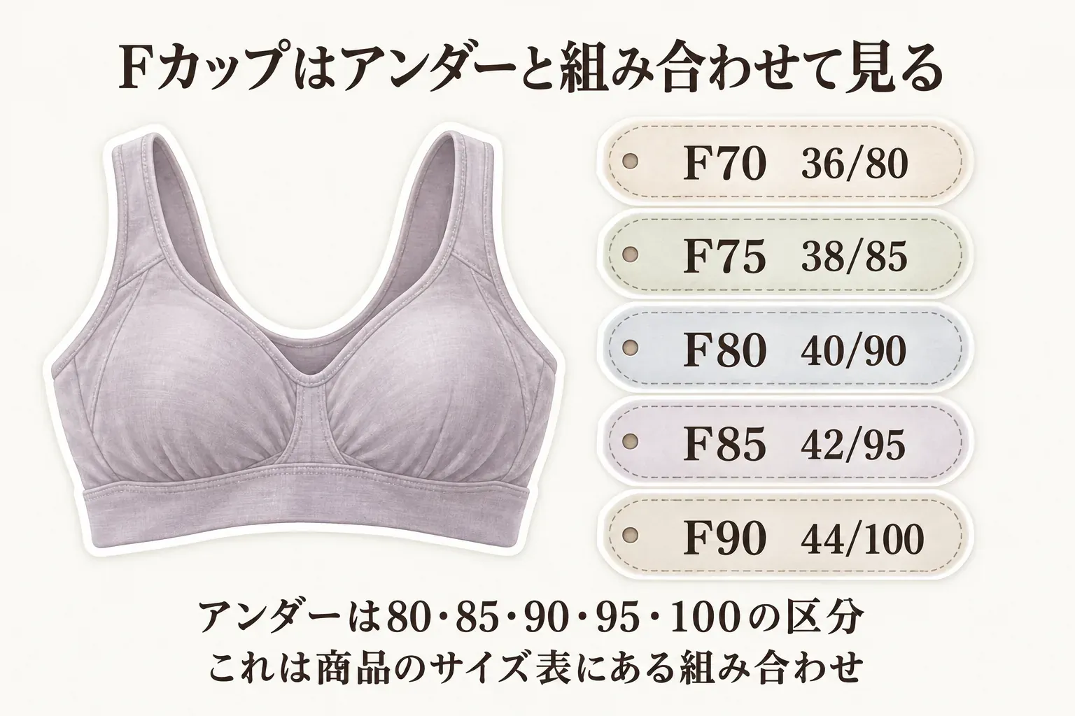 Fカップはアンダーと組み合わせて見ることを示す図。商品サイズ表の組み合わせとしてF70は36/80、F75は38/85、F80は40/90、F85は42/95、F90は44/100で、アンダーは80・85・90・95・100の区分と説明している。