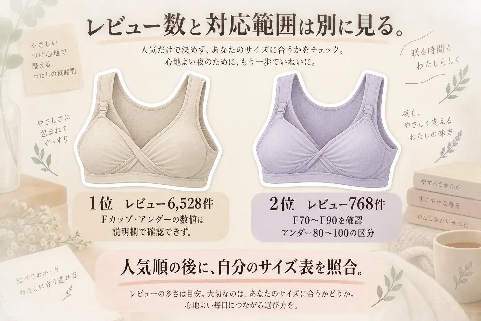 レビュー数と対応範囲は別に見ることを示す図。1位はレビュー6,528件だがFカップ・アンダーの数値を説明欄で確認できず、2位はレビュー768件でF70〜F90とアンダー80〜100の区分を確認できるため、人気順の後に自分のサイズ表を照合するよう案内している。