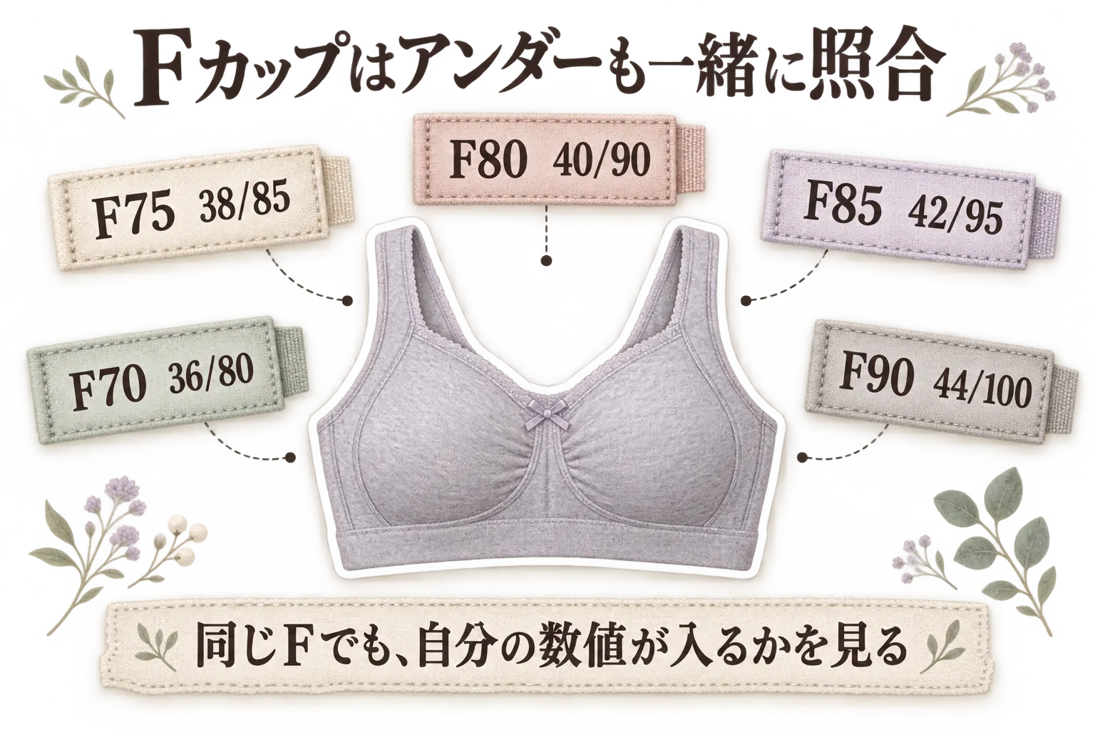 同じFカップでも自分の数値が入るか確認する図。ナイトブラの周囲にF70・36/80、F75・38/85、F80・40/90、F85・42/95、F90・44/100のサイズ表の組み合わせを並べ、Fカップはアンダーも一緒に照合するよう示している。