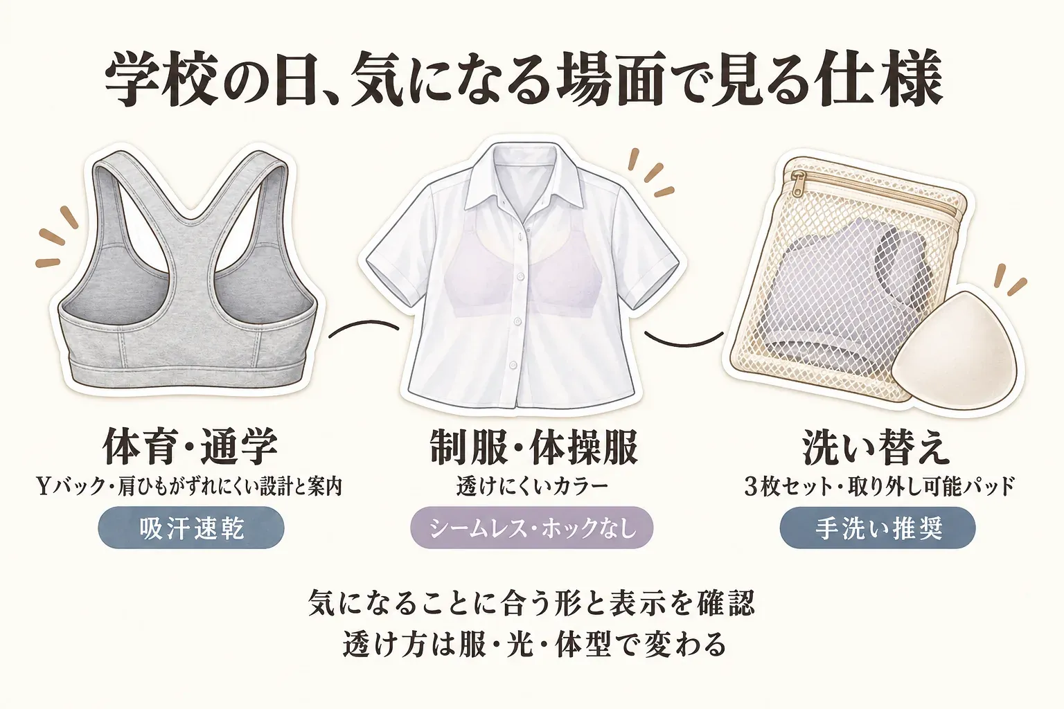 学校の日に気になる場面で見る仕様の図。体育・通学ではYバックや肩ひものずれにくさ、吸汗速乾を、制服・体操服では透けにくいカラー、シームレス、ホックなしを、洗い替えでは3枚セット、取り外し可能パッド、手洗い推奨を確認し、透け方は服・光・体型で変わることを示している。