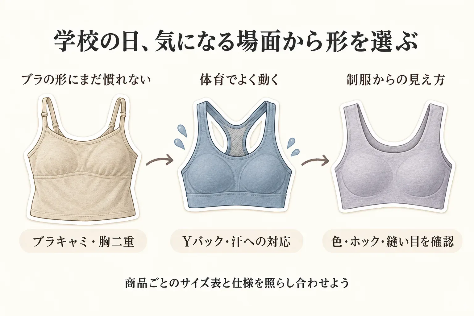 学校の日に気になる場面から形を選ぶ図。ブラの形にまだ慣れない場合はブラキャミ・胸二重、体育でよく動く場合はYバック・汗への対応、制服からの見え方が気になる場合は色・ホック・縫い目を確認する流れ。商品ごとのサイズ表と仕様を照らし合わせることを案内している。