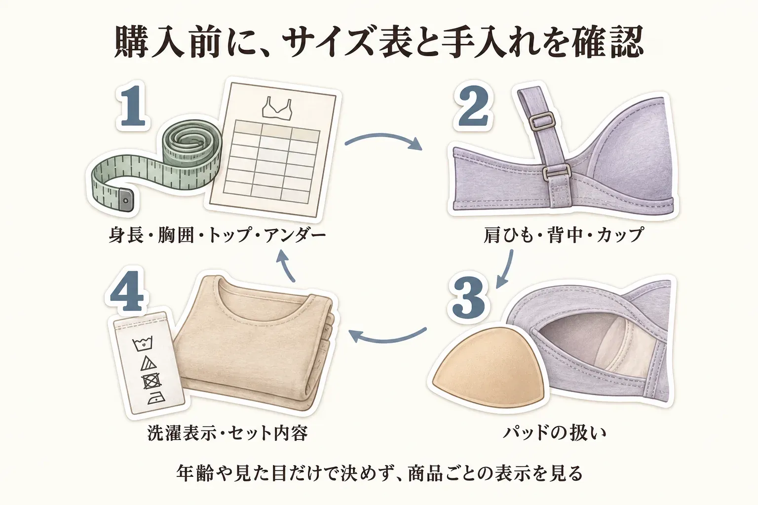 購入前に商品ごとの表示を確認する4項目の図。身長・胸囲・トップ・アンダーのサイズ表、肩ひも・背中・カップの仕様、パッドの扱い、洗濯表示・セット内容を順に確認し、年齢や見た目だけで決めないことを案内している。