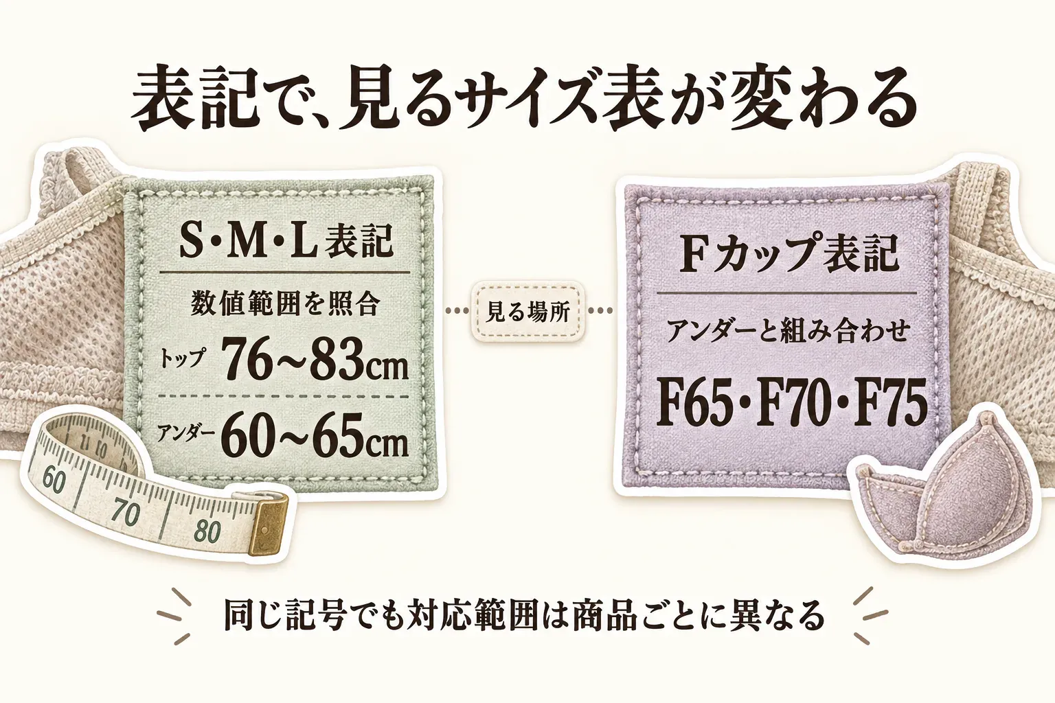 S・M・L表記ではトップ76〜83cm・アンダー60〜65cmのような数値範囲を照合し、Fカップ表記ではF65・F70・F75のようにアンダーと組み合わせて確認する図。同じ記号でも対応範囲は商品ごとに異なることを示している。