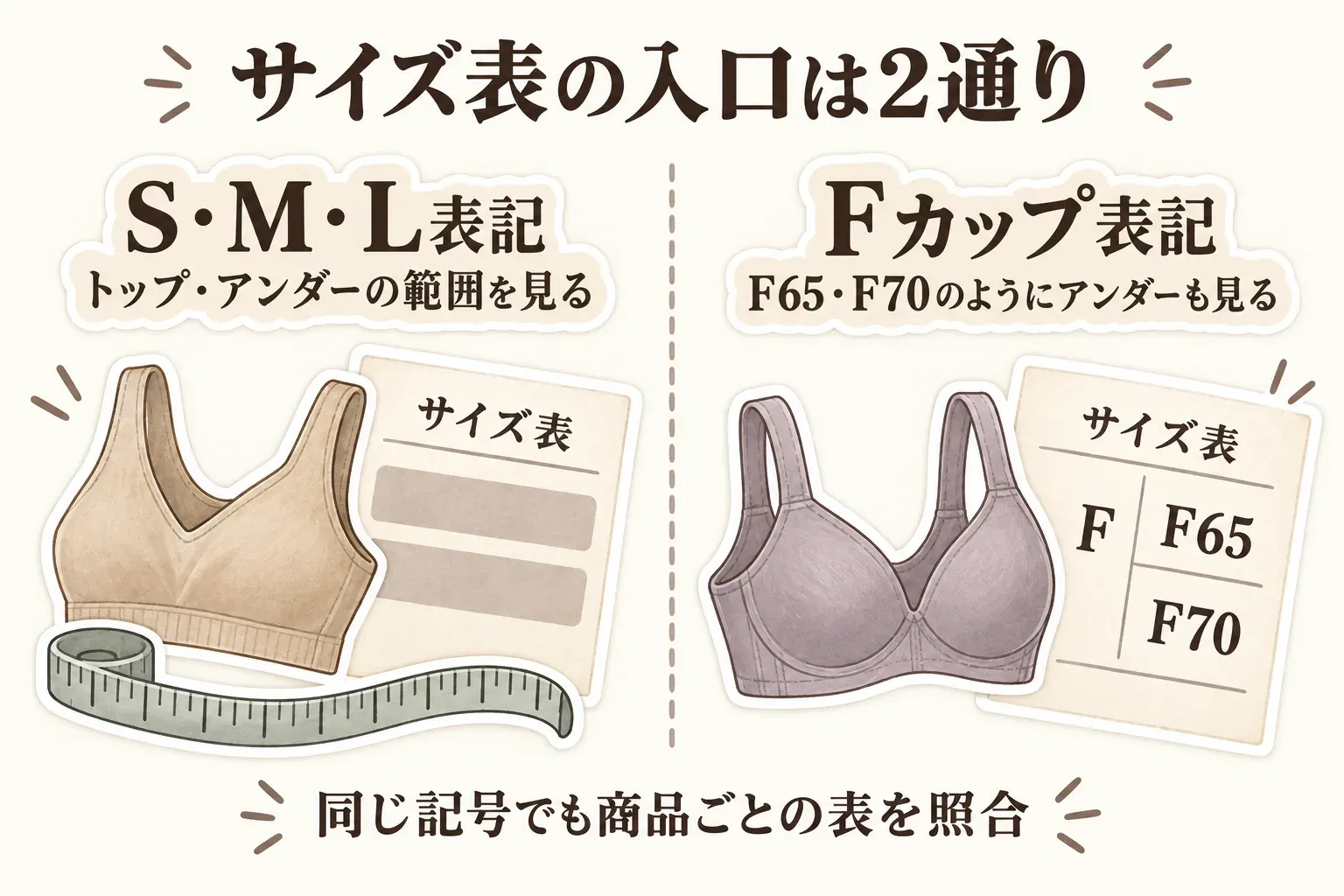 サイズ表の入口は2通りと示す図。S・M・L表記ではトップ・アンダーの範囲を見て、Fカップ表記ではF65・F70のようにアンダーも確認し、どちらも商品ごとのサイズ表と照合するよう案内している。