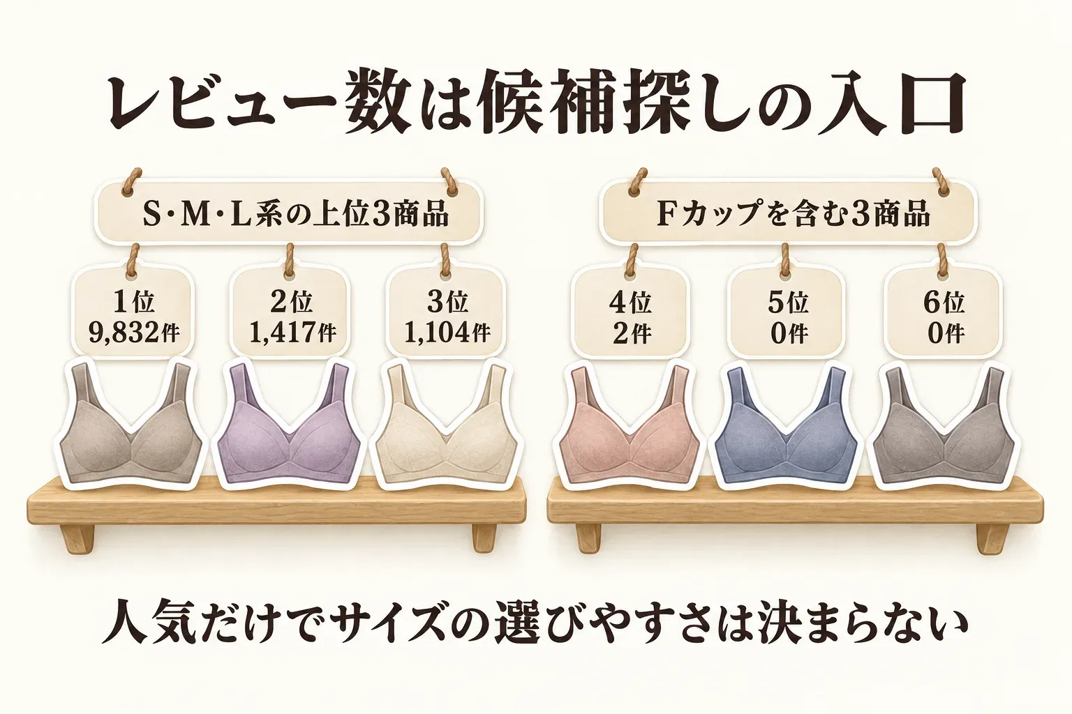 レビュー数を候補探しの入口として示す図。S・M・L系の上位3商品は1位9,832件、2位1,417件、3位1,104件、Fカップを含む3商品は4位2件、5位0件、6位0件で、人気だけではサイズの選びやすさは決まらないことを説明している。