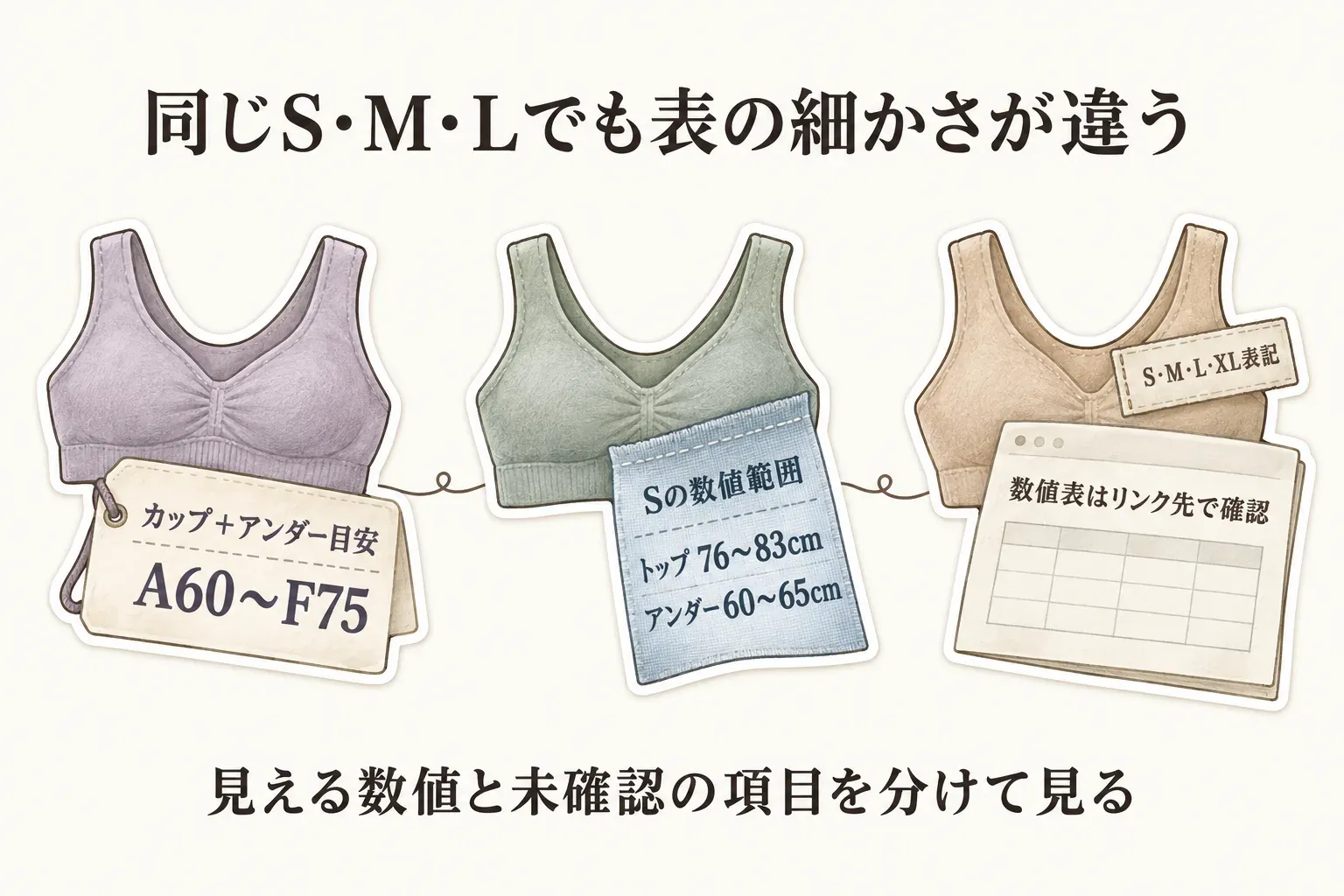同じS・M・L表記でもサイズ表の細かさが異なる例を示す図。カップとアンダーの目安がA60〜F75まで分かる商品、Sのトップ76〜83cm・アンダー60〜65cmと数値範囲が分かる商品、数値表はリンク先で確認する商品を並べ、見える数値と未確認の項目を分けて見るよう案内している。