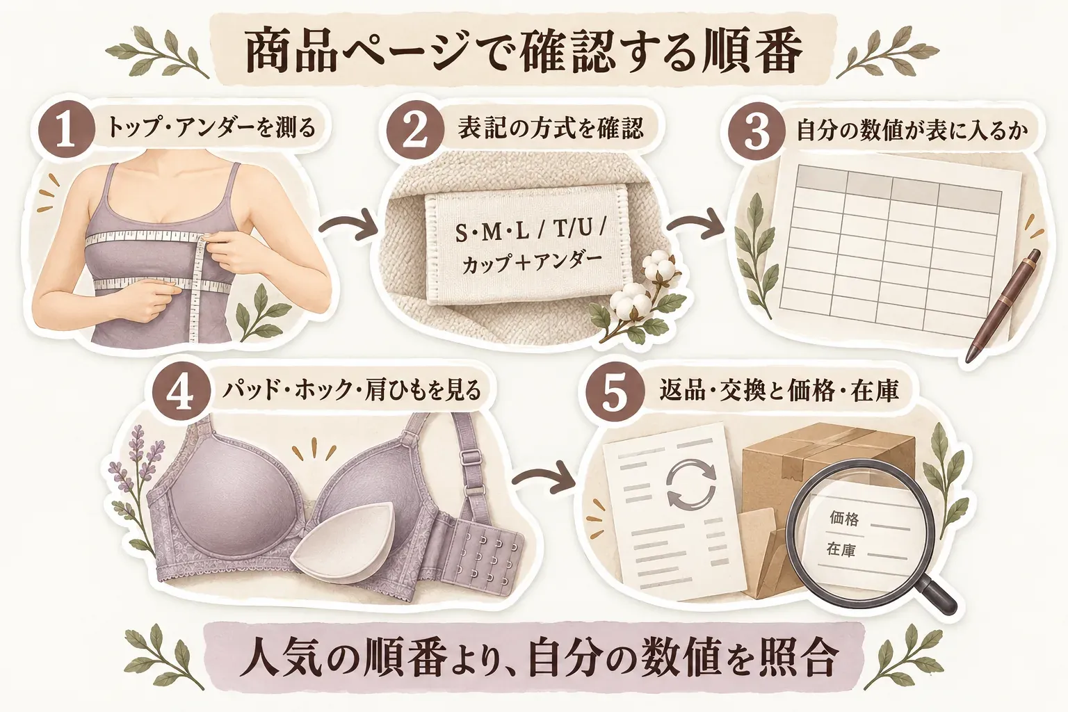 商品ページで確認する順番を示す図。1はトップ・アンダーを測る、2はS・M・L・T/U・カップ＋アンダーの表記方式を確認する、3は自分の数値が表に入るか見る、4はパッド・ホック・肩ひもを見る、5は返品・交換と価格・在庫を確認するという流れ。人気の順位より自分の数値を照合するよう案内している。