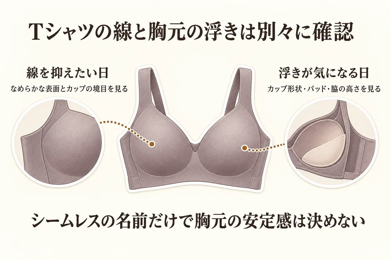 Tシャツの線と胸元の浮きを別々に確認する図。線を抑えたい日はなめらかな表面とカップの境目を、胸元の浮きが気になる日はカップ形状・パッド・脇の高さを確認し、シームレスの名称だけで胸元の安定感は決まらないことを示している。
