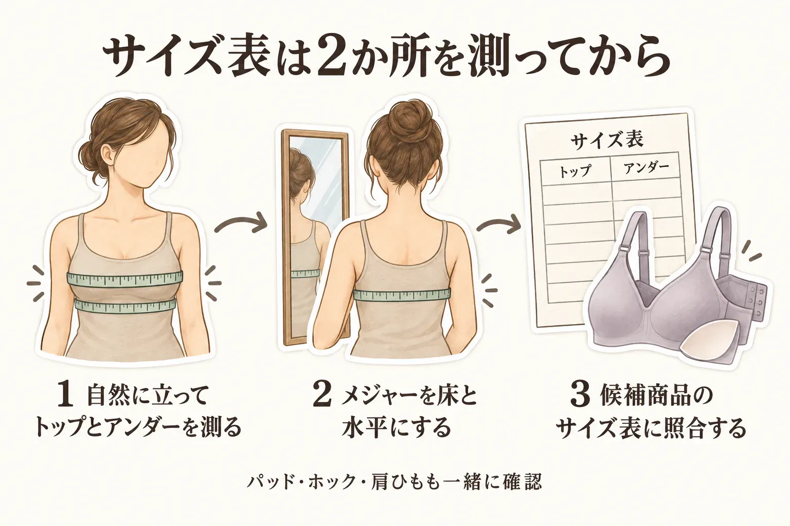 サイズ表に照合する前の採寸手順の図。自然に立ってトップバストとアンダーバストを測り、鏡でメジャーが床と水平か確認してから候補商品のサイズ表に照合し、パッド・ホック・肩ひもも一緒に確認することを示している。
