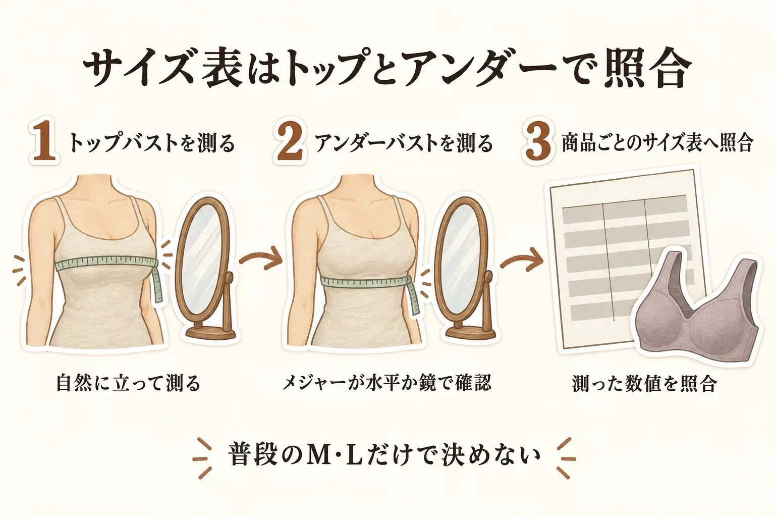 トップバストとアンダーバストで商品ごとのサイズ表を照合する流れを示す図。自然に立ってトップバスト、次にアンダーバストを測り、鏡でメジャーが水平か確認して測定値を照合し、普段のM・L表記だけで決めないことを案内している。