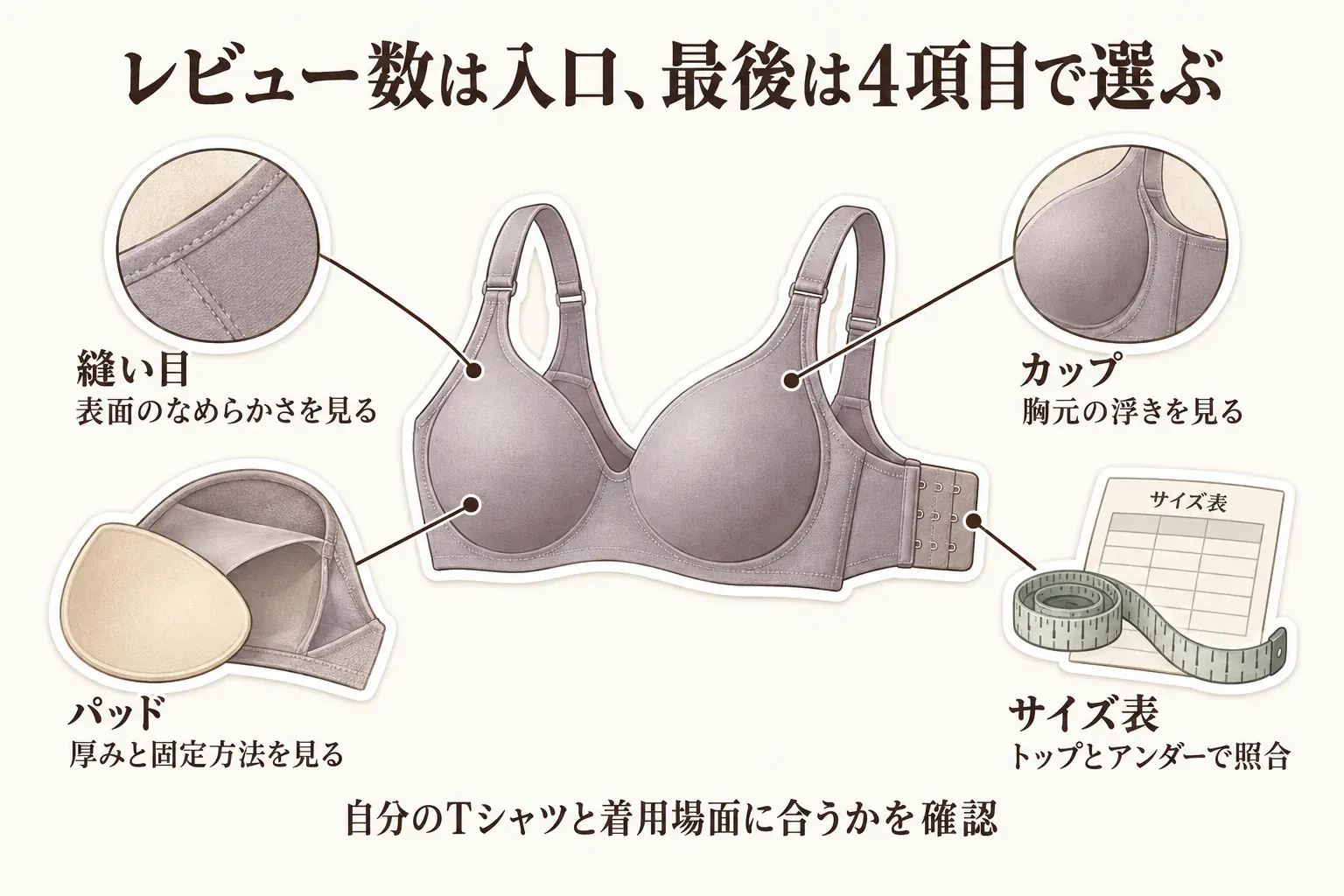 レビュー数を入口にし、最後は4項目で選ぶことを示す図。縫い目は表面のなめらかさ、パッドは厚みと固定方法、カップは胸元の浮き、サイズ表はトップとアンダーとの照合を確認し、自分のTシャツと着用場面に合うかを見る内容。