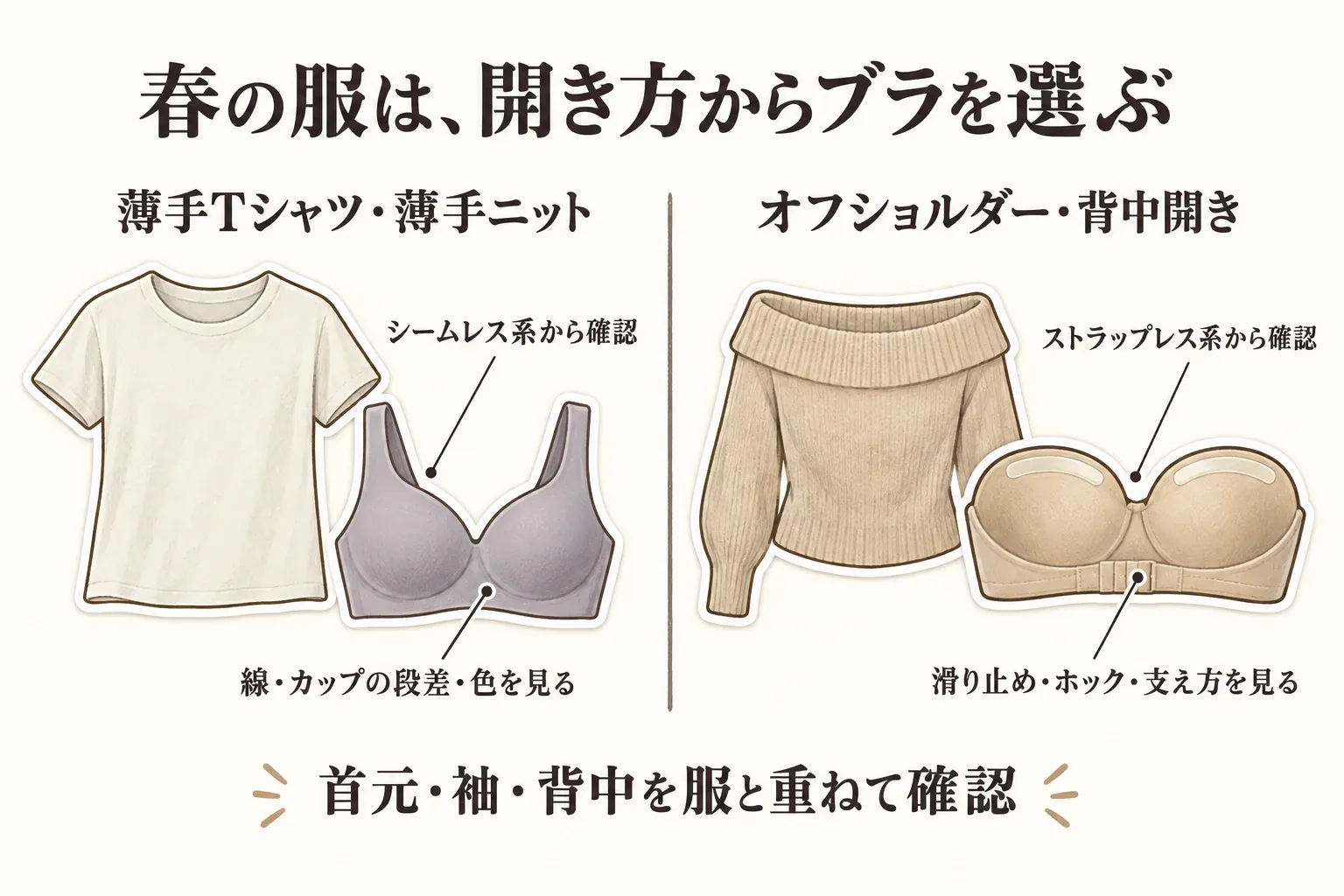 春の服の開き方からブラを選ぶ図。薄手Tシャツ・薄手ニットにはシームレス系を合わせ、線・カップの段差・色を確認すること、オフショルダー・背中開きにはストラップレス系を合わせ、滑り止め・ホック・支え方を確認すること、首元・袖・背中を服と重ねて確認することを示している。
