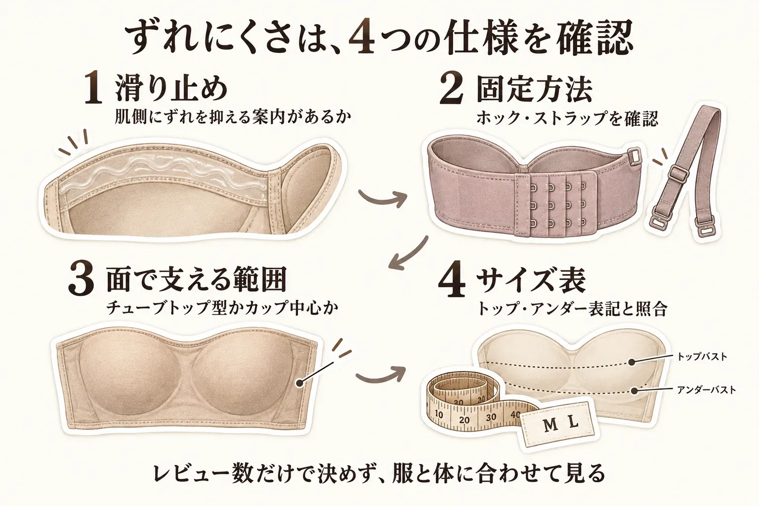 ストラップレスブラのずれにくさを確認する4つの仕様を示す図。肌側の滑り止め、ホックやストラップによる固定方法、チューブトップ型かカップ中心かという面で支える範囲、トップバスト・アンダーバストと照合するサイズ表を確認し、レビュー数だけでなく服と体に合わせて見ることを説明している。