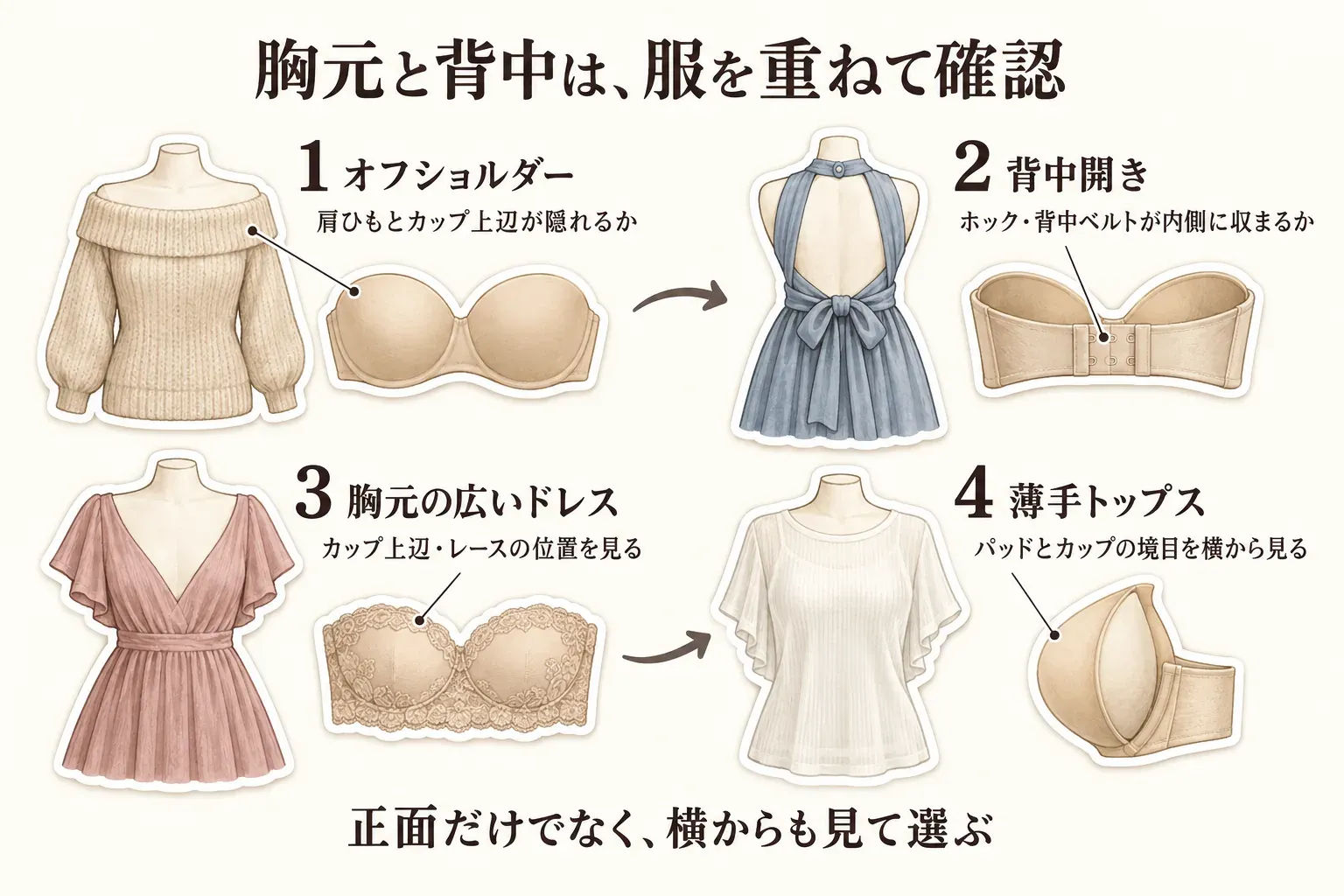 胸元と背中を服に重ねて確認する4つの場面を示す図。オフショルダーでは肩ひもとカップ上辺、背中開きではホックと背中ベルト、胸元の広いドレスではカップ上辺とレース、薄手トップスではパッドとカップの境目を横から確認する内容。