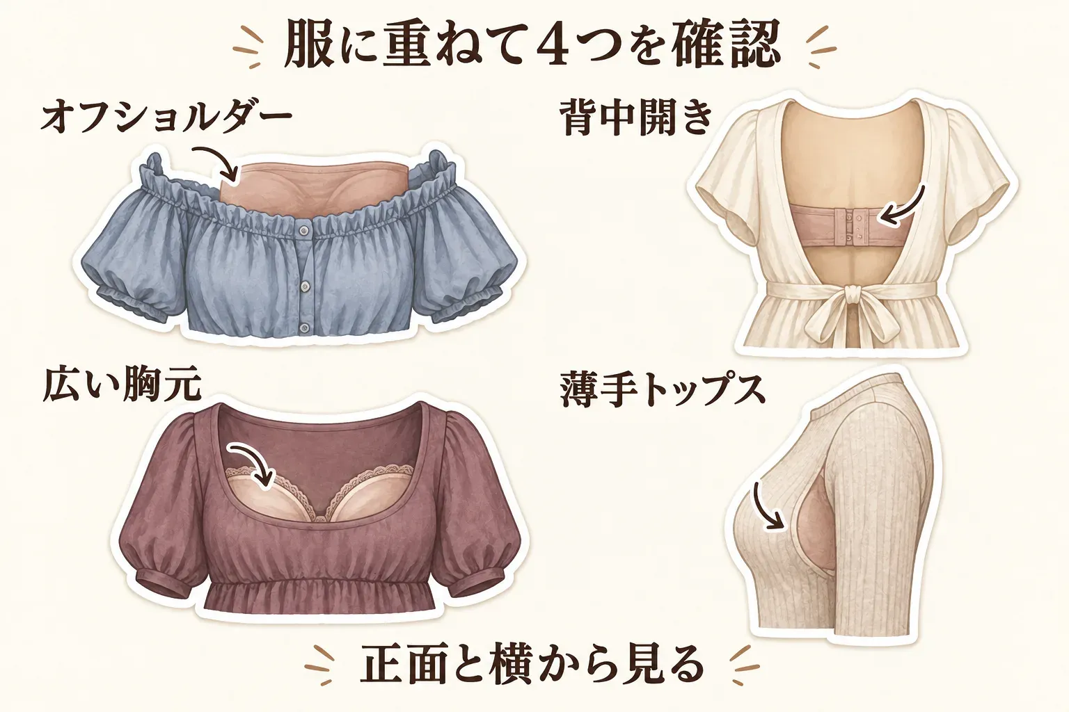 服に重ねてストラップレスブラの覆われ方を確認する図。オフショルダー、背中開き、広い胸元、薄手トップスの4種類で、ブラの上辺・背中ベルト・レース・カップやパッドの境目が見えないかを正面と横から確認することを示している。
